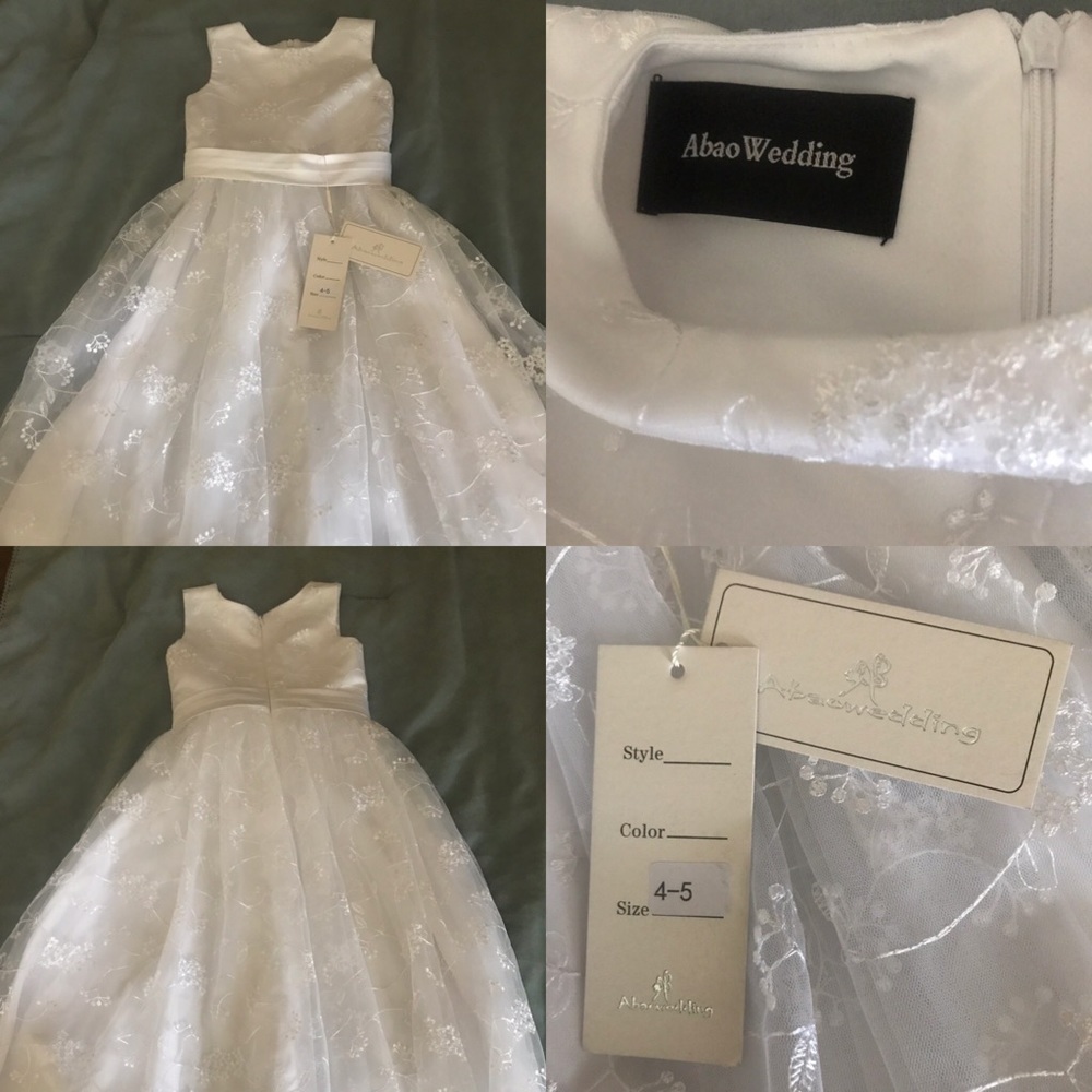 New Abao Wedding Girls White Flower Girl/PageantCommunion/Holiday Dress Size 4-5